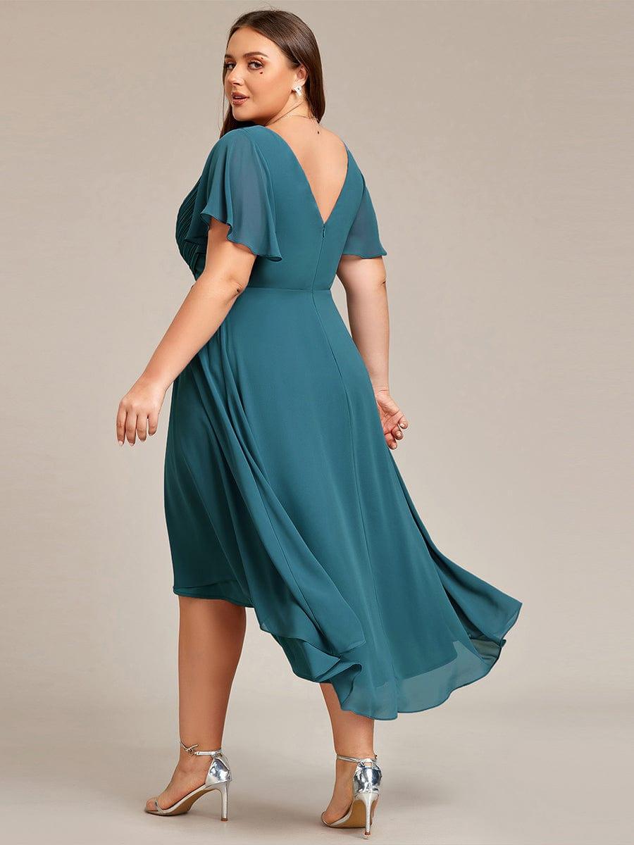 pretty FAYE|Plus Size Double V-Neck Ruffles Sleeve Chiffon Midi Wedding Guest Dress
