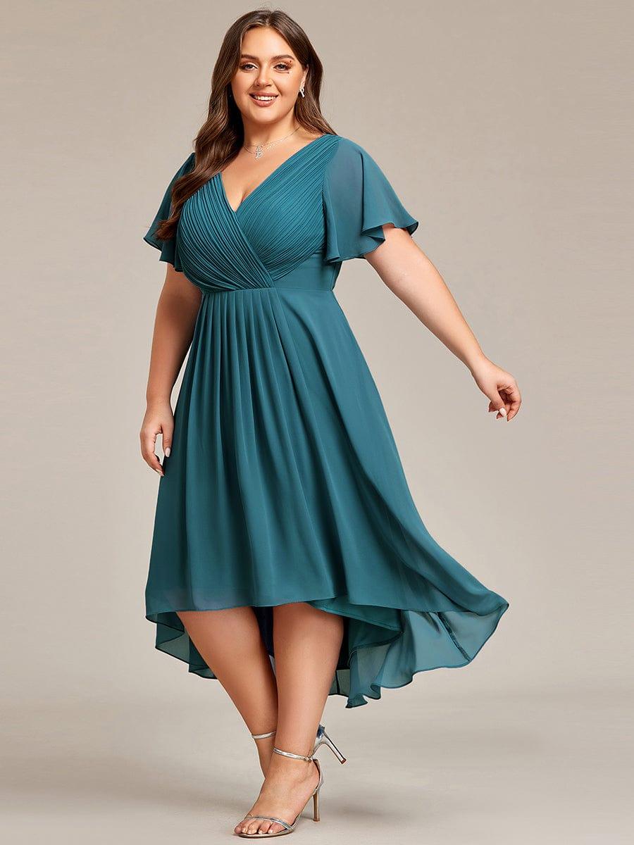 pretty FAYE|Plus Size Double V-Neck Ruffles Sleeve Chiffon Midi Wedding Guest Dress