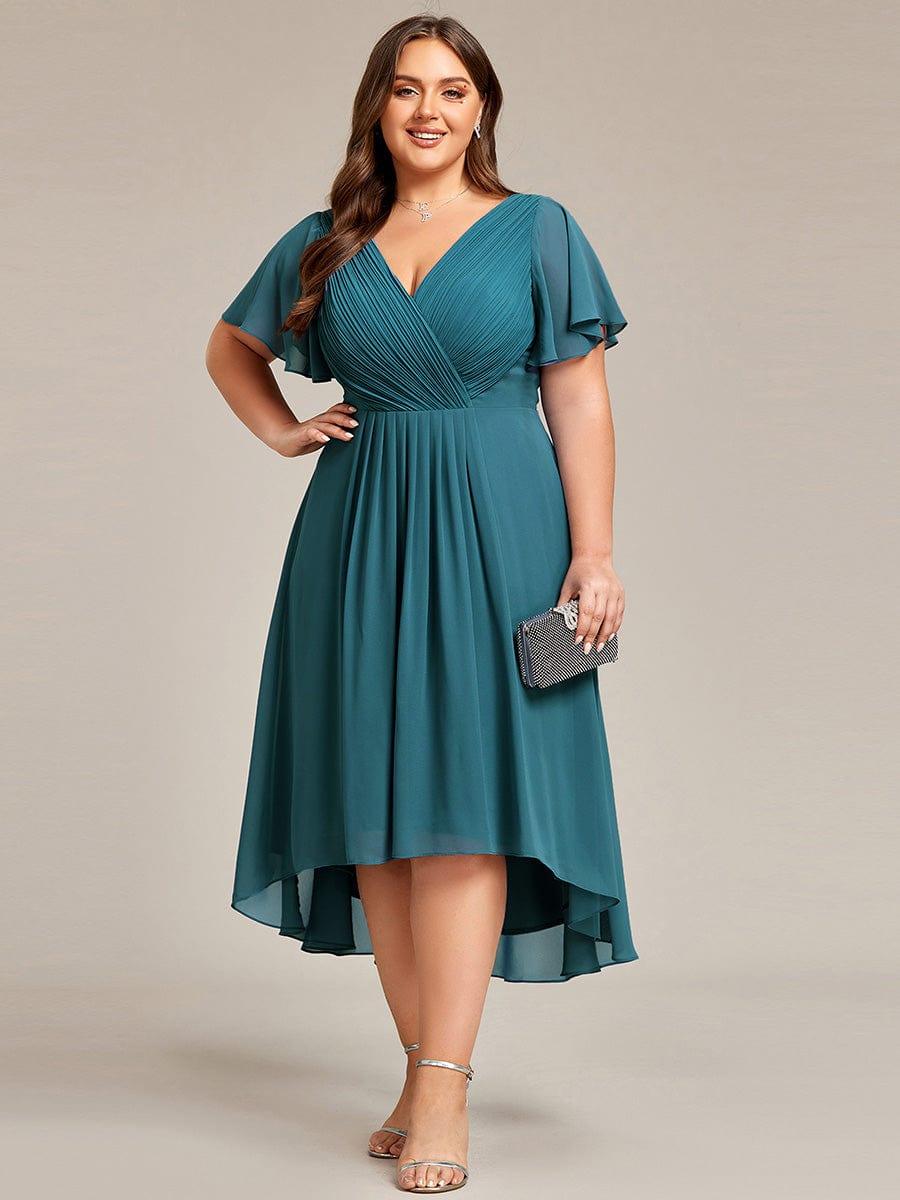 pretty FAYE|Plus Size Double V-Neck Ruffles Sleeve Chiffon Midi Wedding Guest Dress
