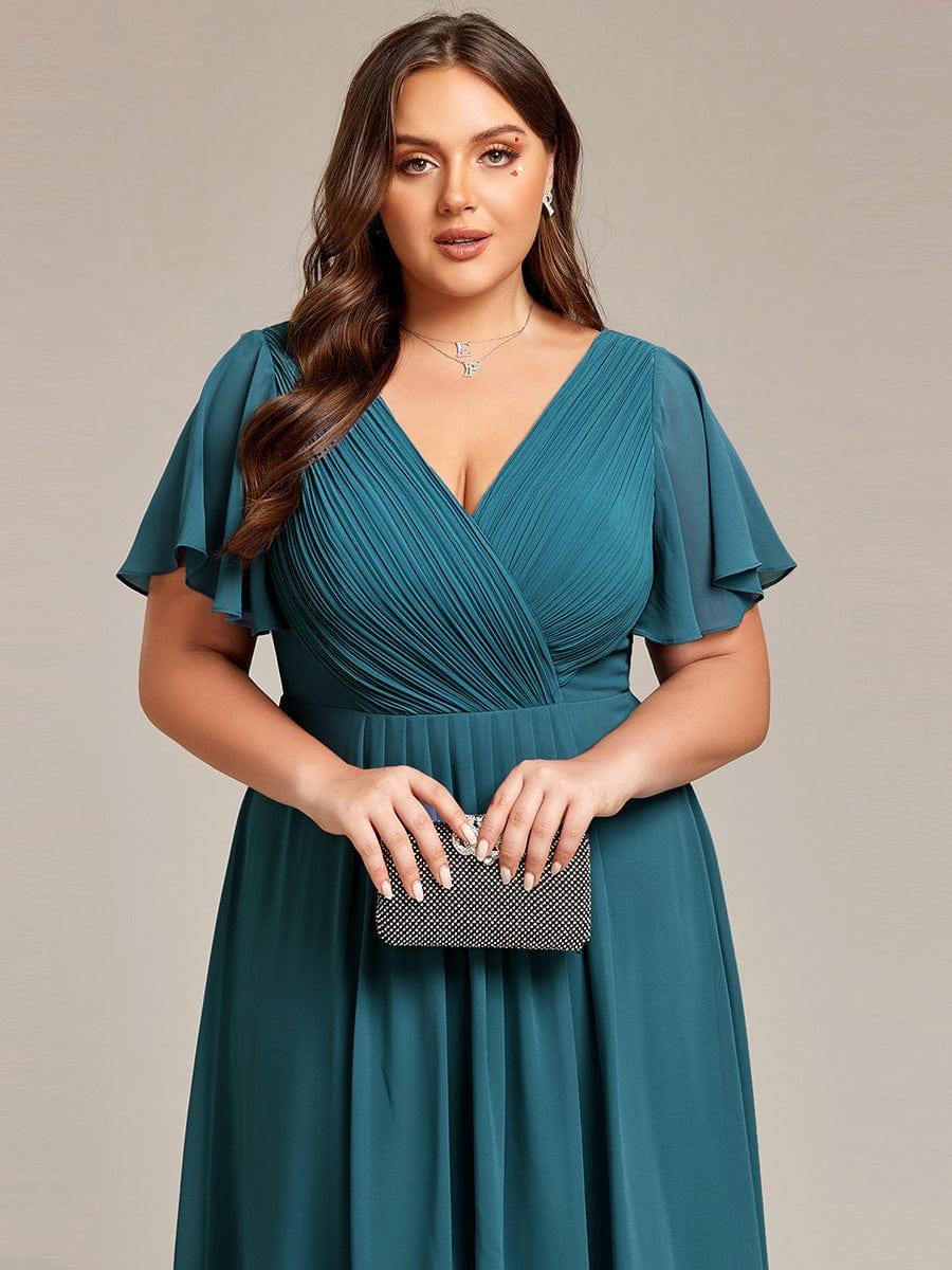 pretty FAYE|Plus Size Double V-Neck Ruffles Sleeve Chiffon Midi Wedding Guest Dress