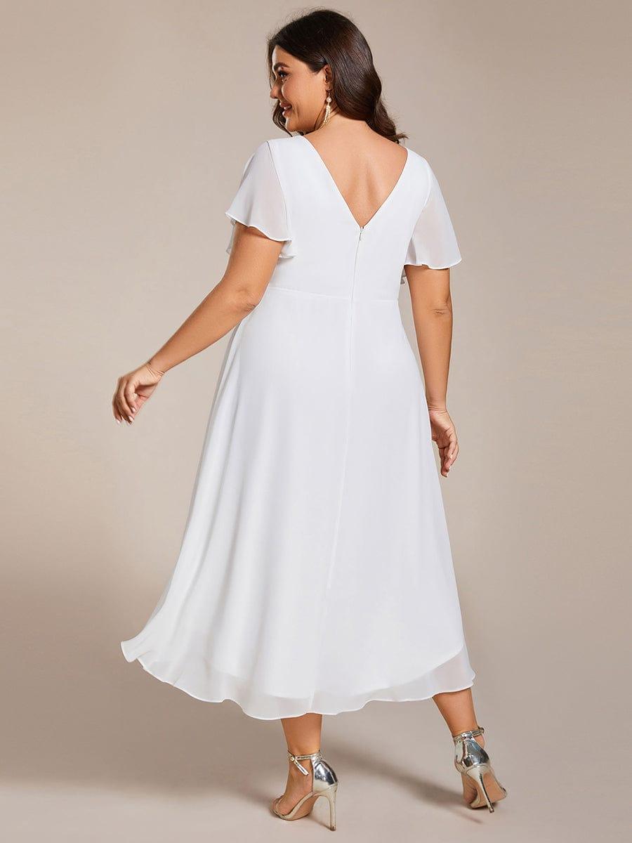 pretty FAYE|Plus Size Double V-Neck Ruffles Sleeve Chiffon Midi Wedding Guest Dress