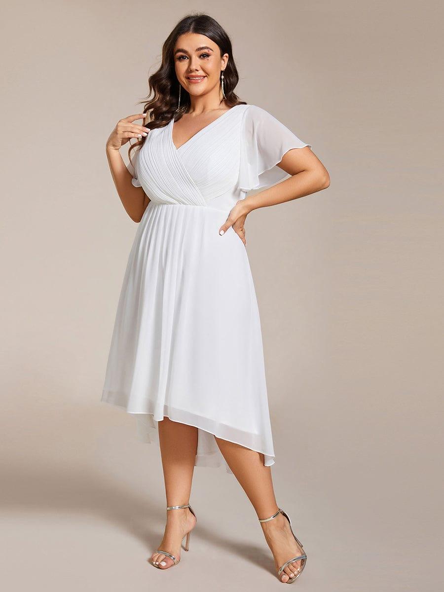 pretty FAYE|Plus Size Double V-Neck Ruffles Sleeve Chiffon Midi Wedding Guest Dress