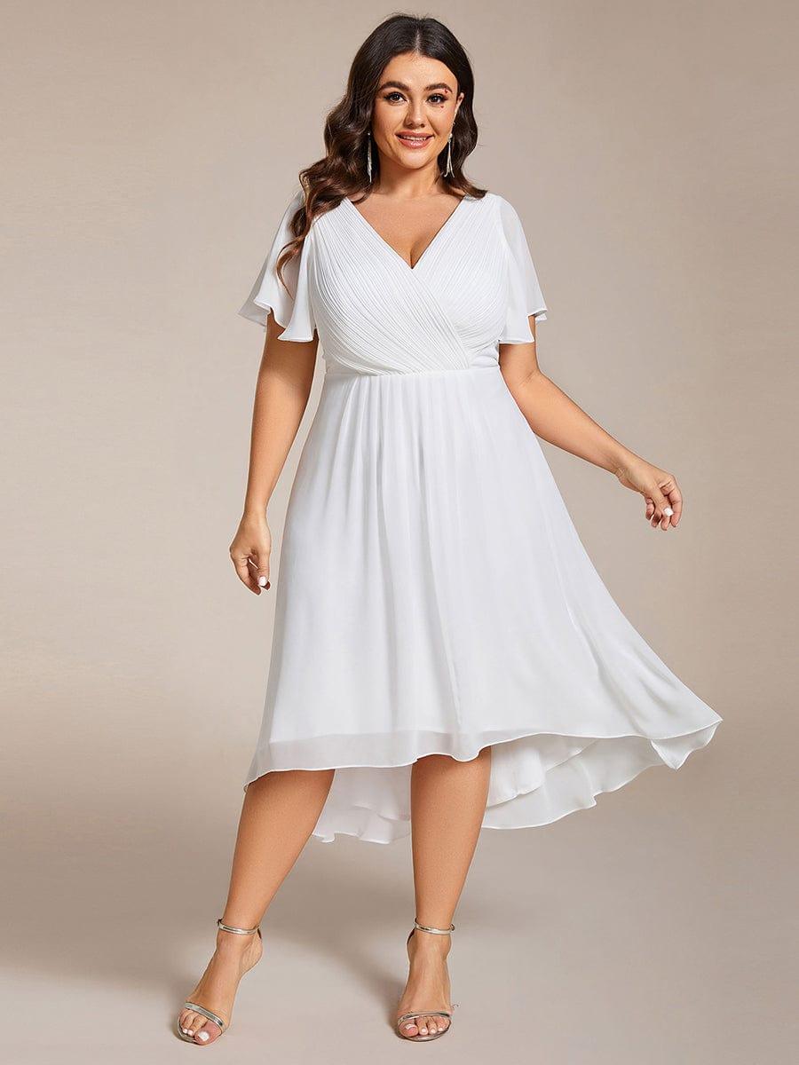 pretty FAYE|Plus Size Double V-Neck Ruffles Sleeve Chiffon Midi Wedding Guest Dress
