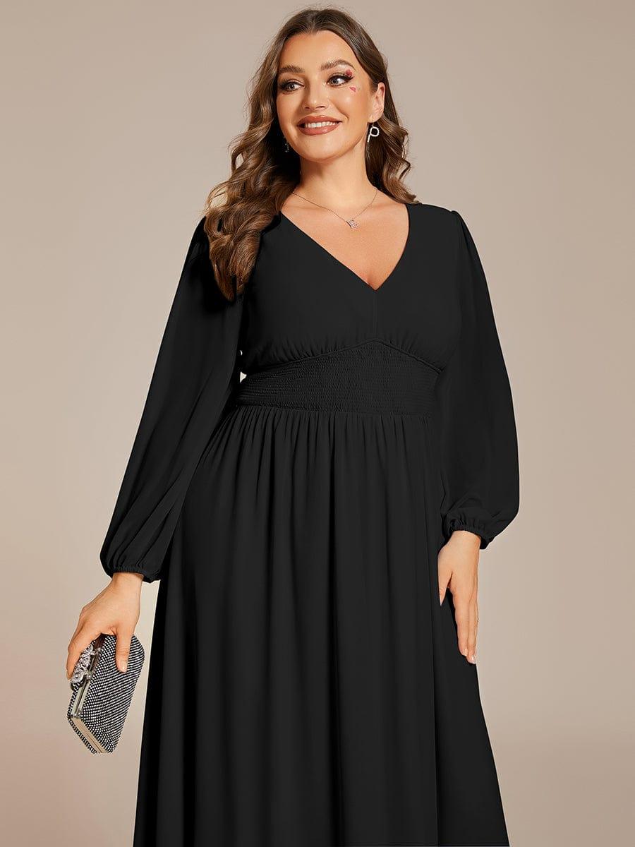 pretty AMARA|Plus Size Flowy Long Sleeves V-Neck Midi Chiffon Wedding Guest Dress
