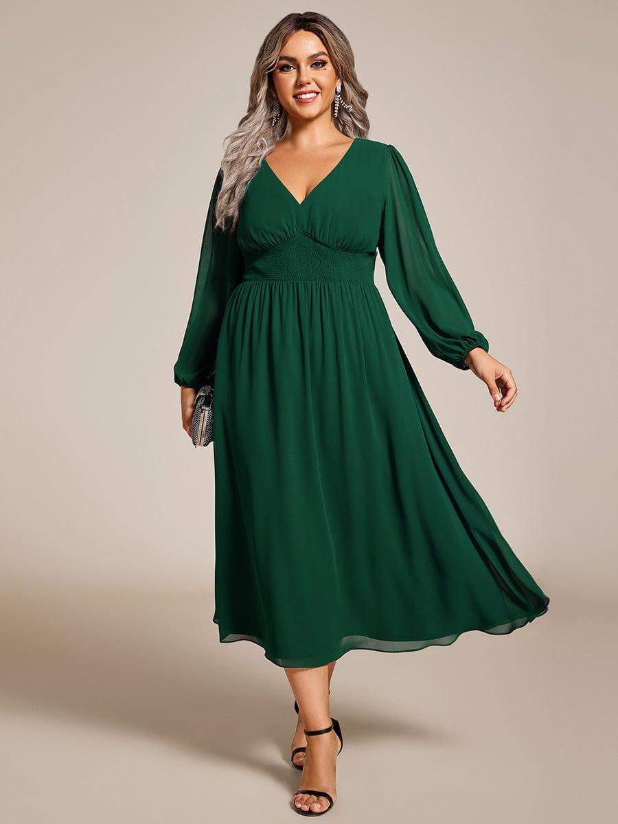 pretty AMARA|Plus Size Flowy Long Sleeves V-Neck Midi Chiffon Wedding Guest Dress