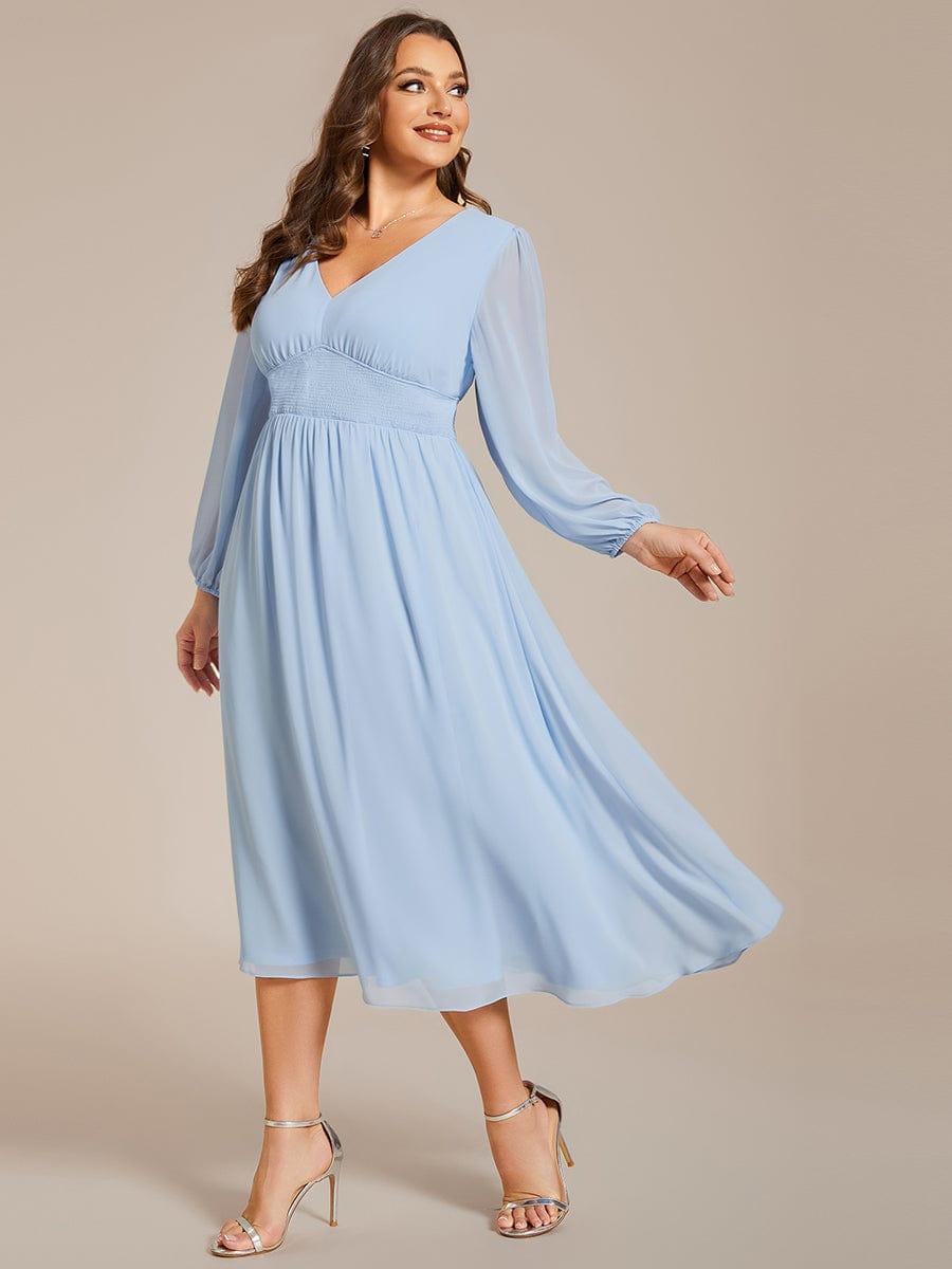 pretty AMARA|Plus Size Flowy Long Sleeves V-Neck Midi Chiffon Wedding Guest Dress