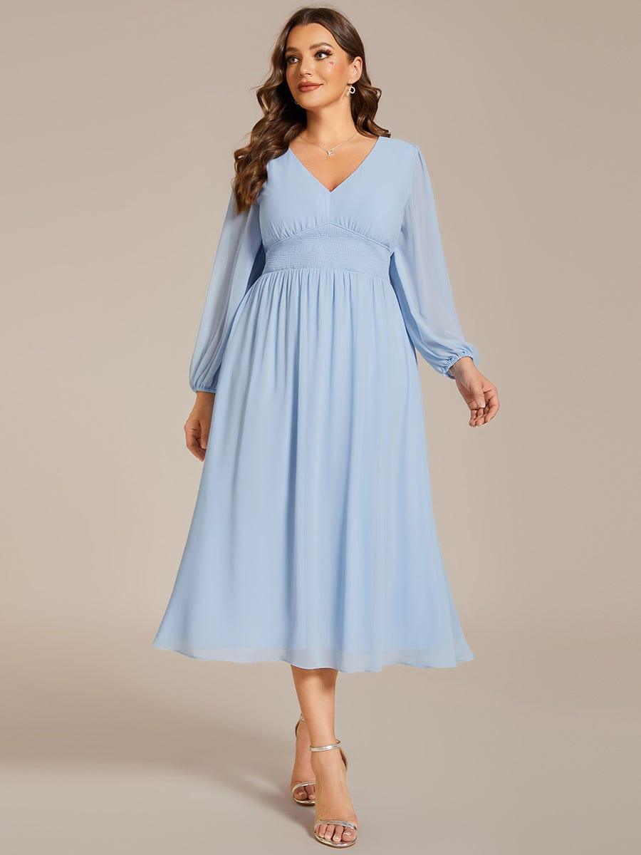 pretty AMARA|Plus Size Flowy Long Sleeves V-Neck Midi Chiffon Wedding Guest Dress