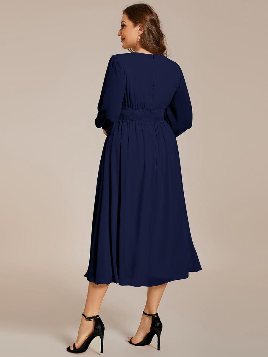 pretty AMARA|Plus Size Flowy Long Sleeves V-Neck Midi Chiffon Wedding Guest Dress