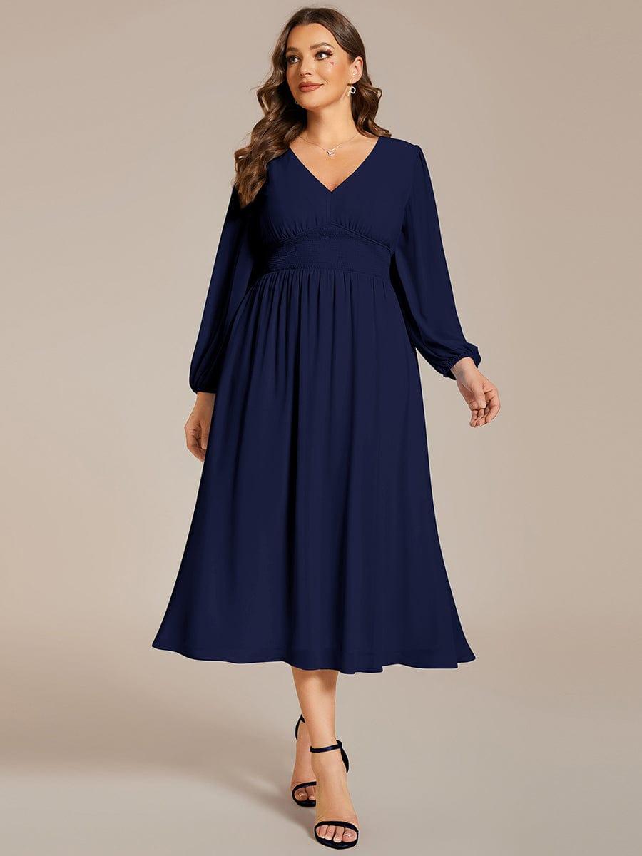 pretty AMARA|Plus Size Flowy Long Sleeves V-Neck Midi Chiffon Wedding Guest Dress