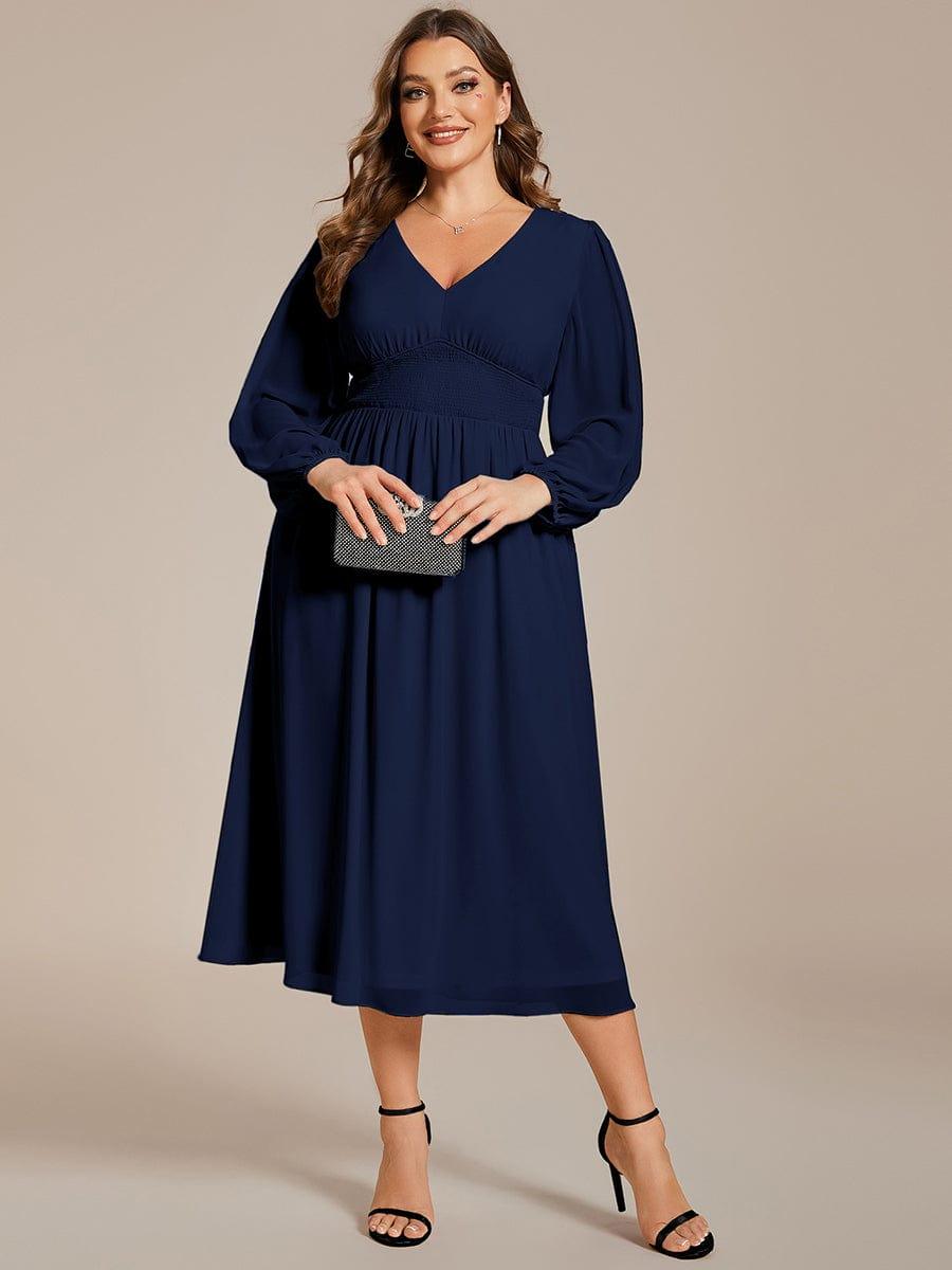 pretty AMARA|Plus Size Flowy Long Sleeves V-Neck Midi Chiffon Wedding Guest Dress