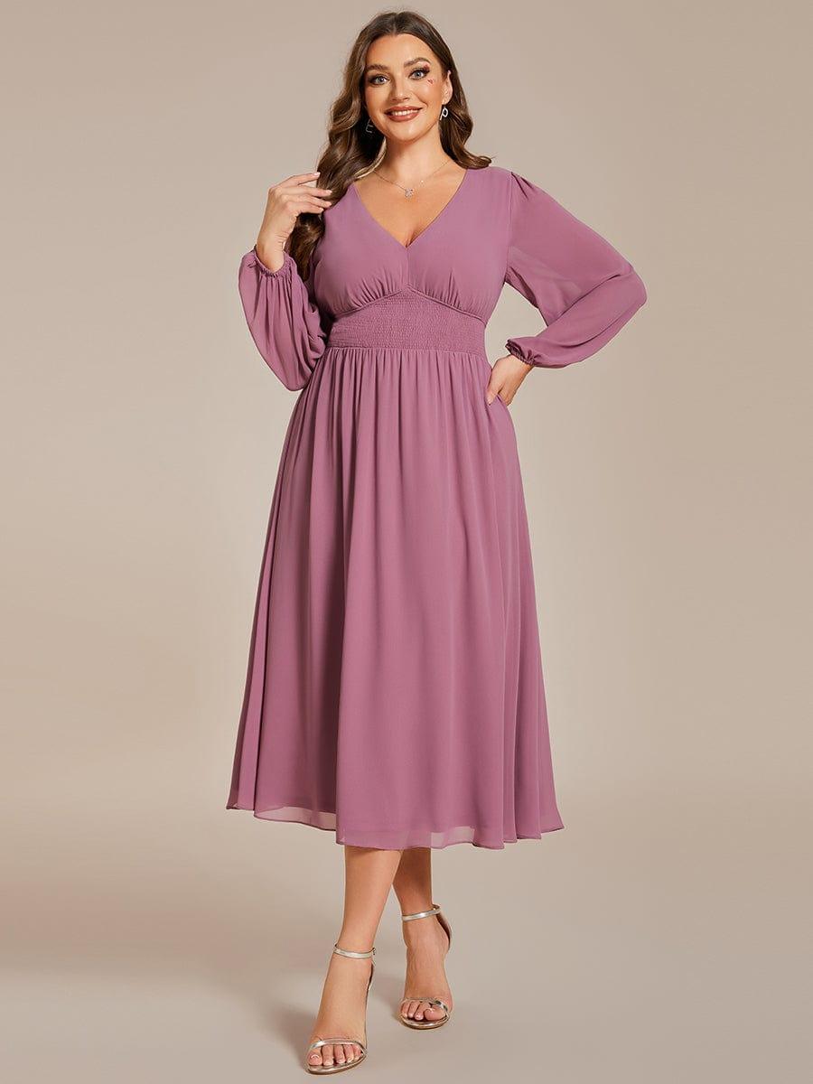 pretty AMARA|Plus Size Flowy Long Sleeves V-Neck Midi Chiffon Wedding Guest Dress