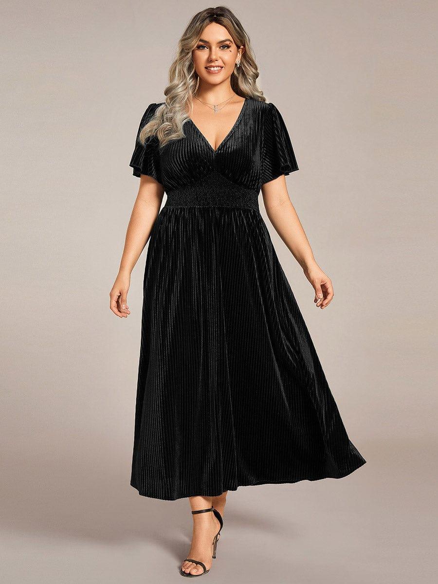 pretty AZALEA|Plus Size A-line V-Neck Short Sleeve Pleated Velvet Fall Wedding Guest Dress