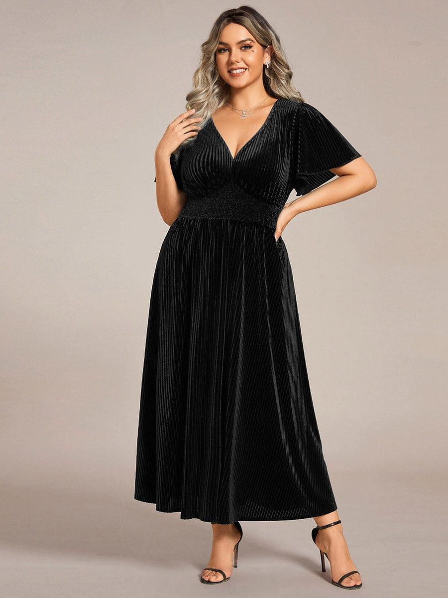 pretty AZALEA|Plus Size A-line V-Neck Short Sleeve Pleated Velvet Fall Wedding Guest Dress