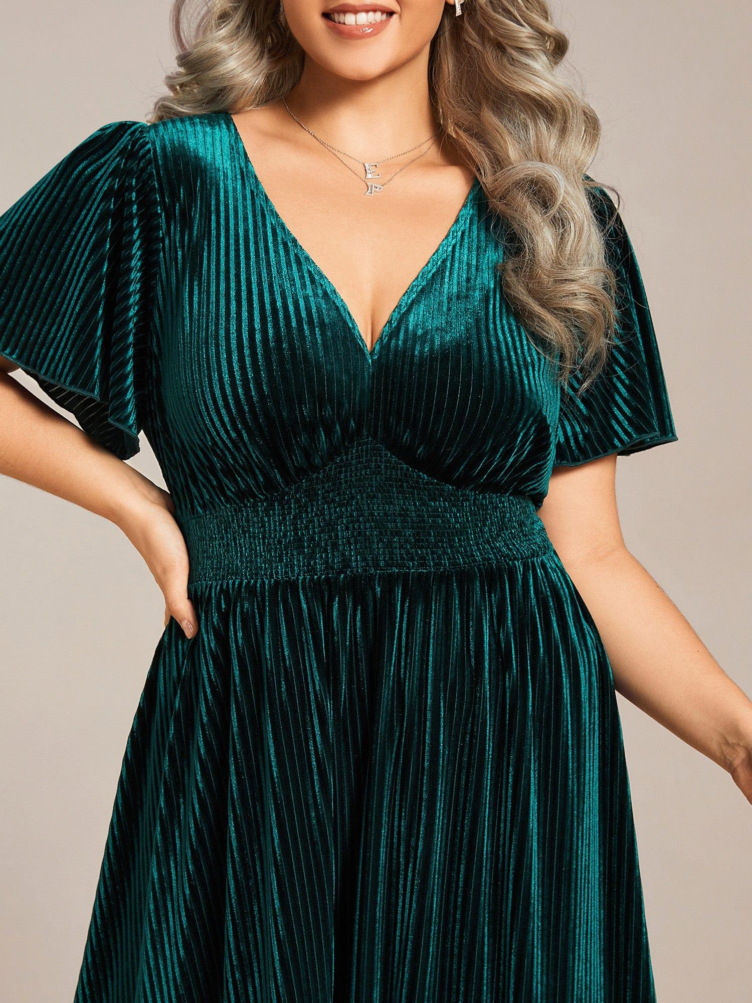 pretty AZALEA|Plus Size A-line V-Neck Short Sleeve Pleated Velvet Fall Wedding Guest Dress