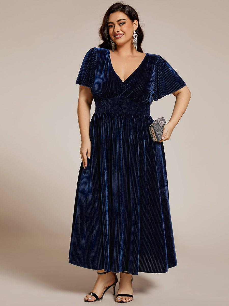 pretty AZALEA|Plus Size A-line V-Neck Short Sleeve Pleated Velvet Fall Wedding Guest Dress