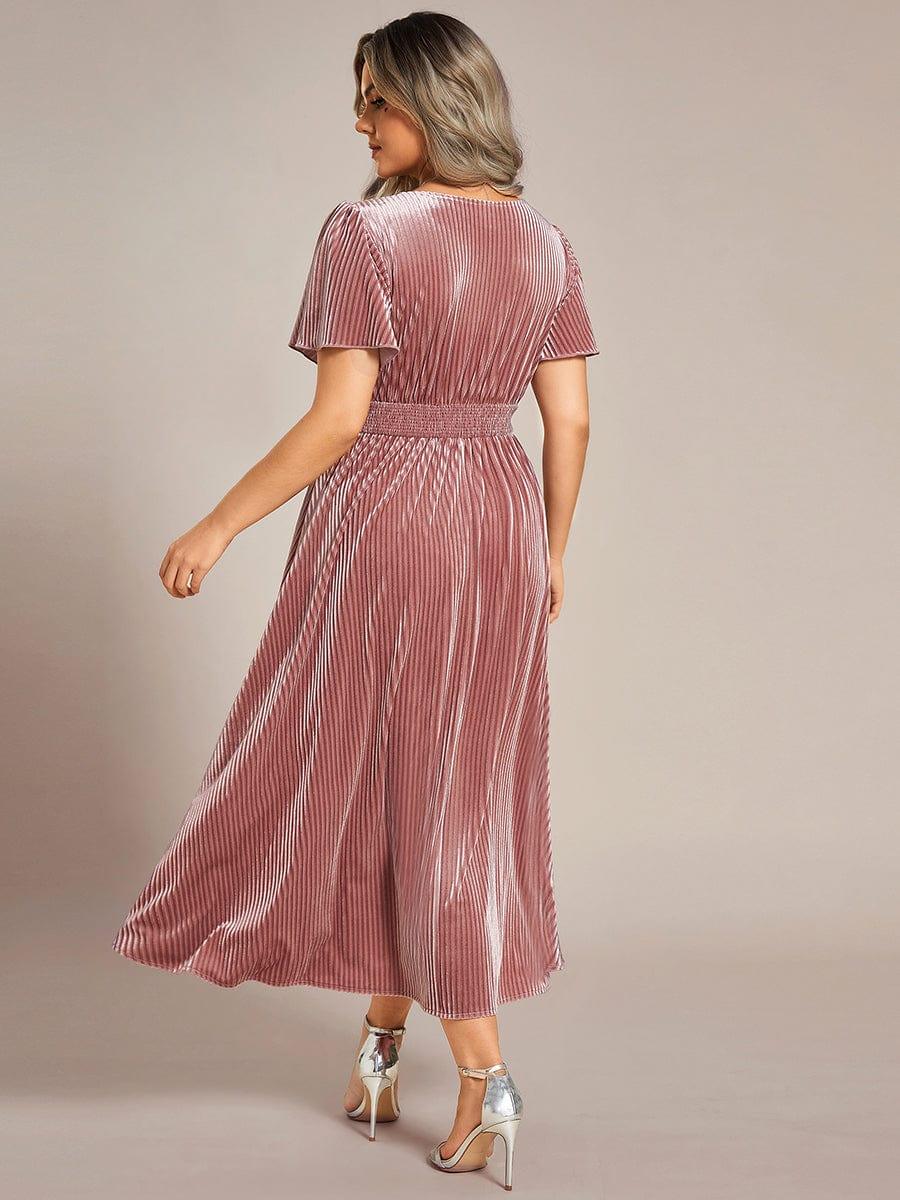 pretty AZALEA|Plus Size A-line V-Neck Short Sleeve Pleated Velvet Fall Wedding Guest Dress