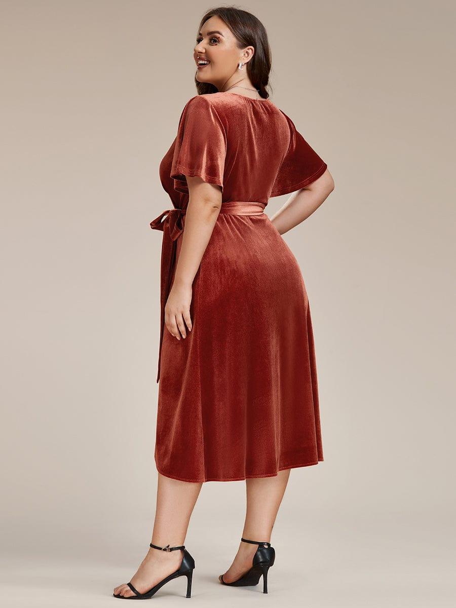 pretty LENNA|Plus Size V-Neck Ruffles Sleeve Velvet One-Piece Type Wedding Guest Dress