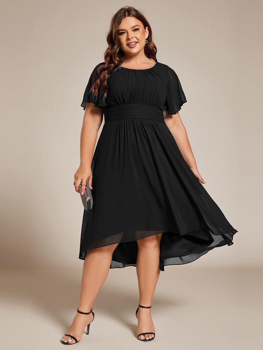 pretty EDEN|Plus Size Pleated Round Neckline A-Line Midi Chiffon Wedding Guest Dress