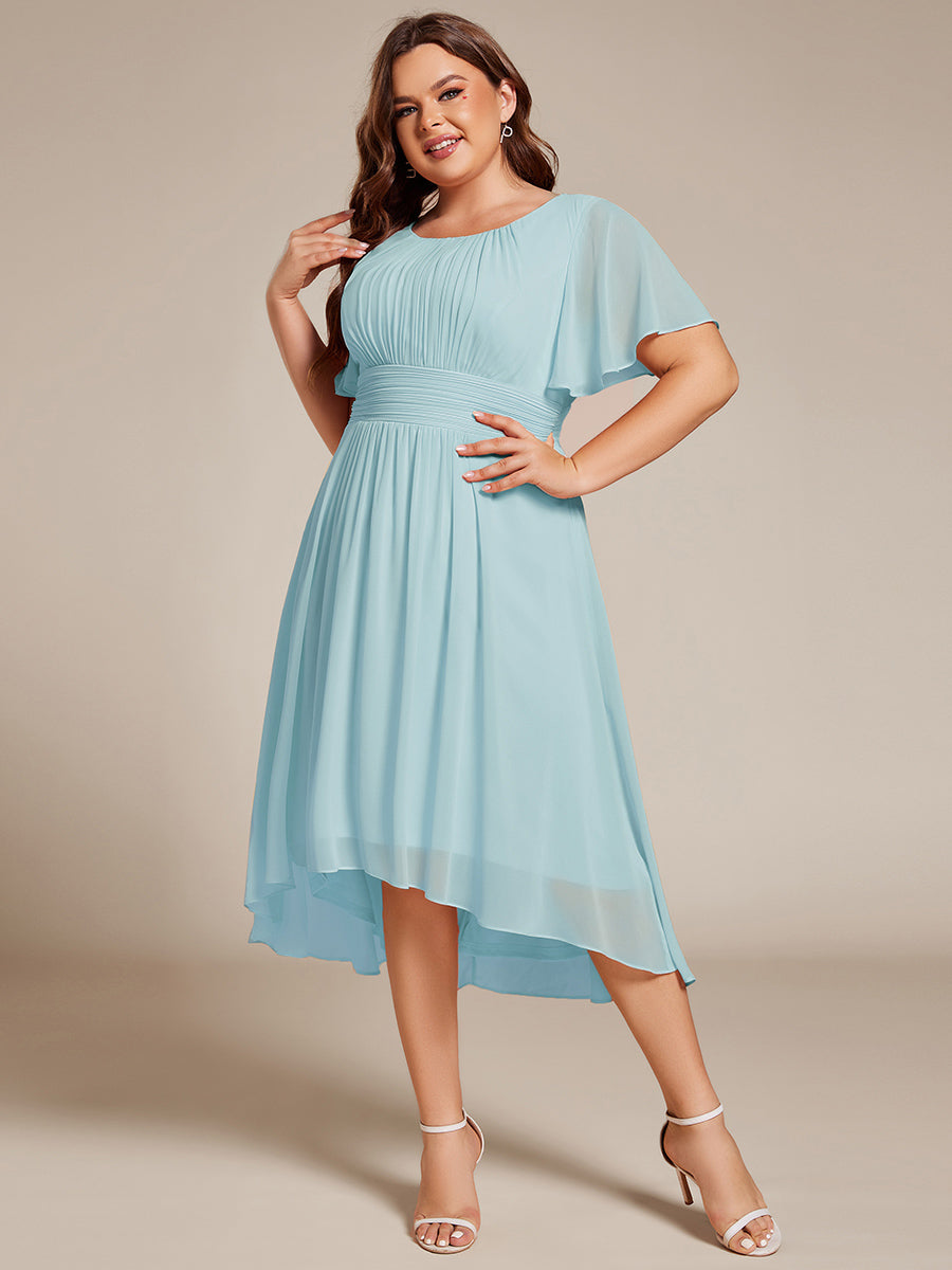 pretty EDEN|Plus Size Pleated Round Neckline A-Line Midi Chiffon Wedding Guest Dress