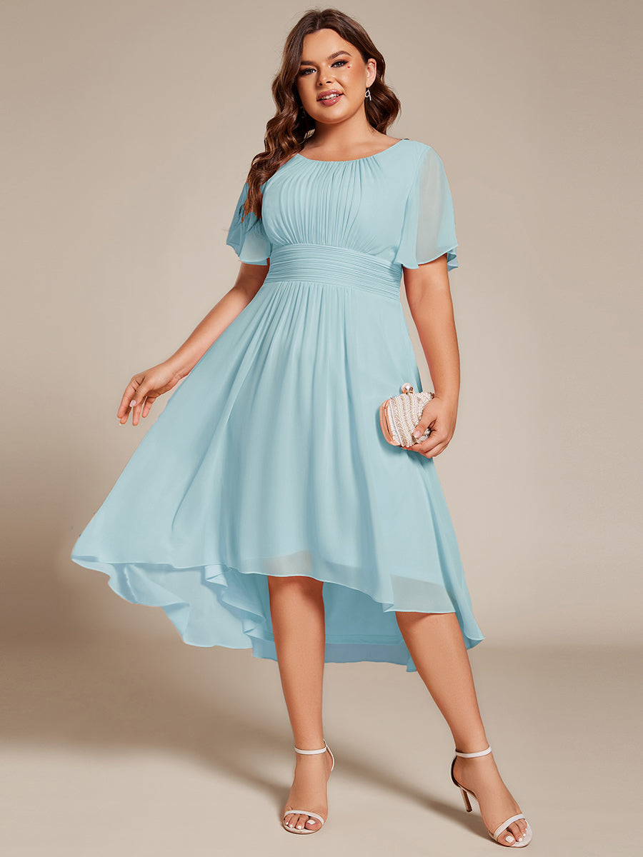 pretty EDEN|Plus Size Pleated Round Neckline A-Line Midi Chiffon Wedding Guest Dress