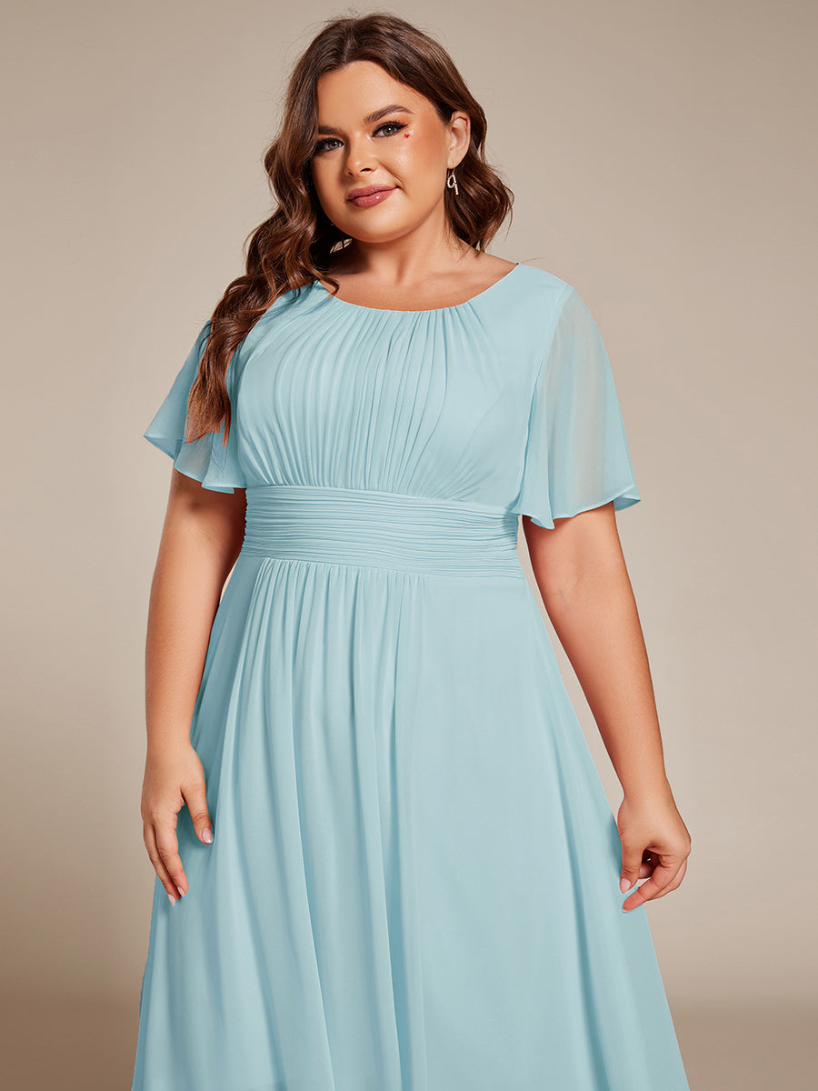 pretty EDEN|Plus Size Pleated Round Neckline A-Line Midi Chiffon Wedding Guest Dress