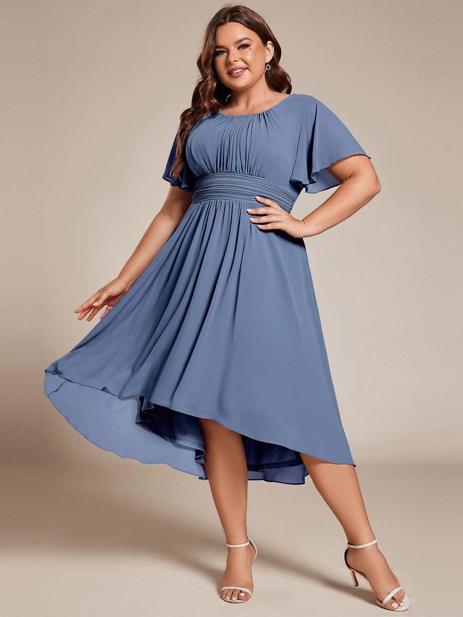 pretty EDEN|Plus Size Pleated Round Neckline A-Line Midi Chiffon Wedding Guest Dress