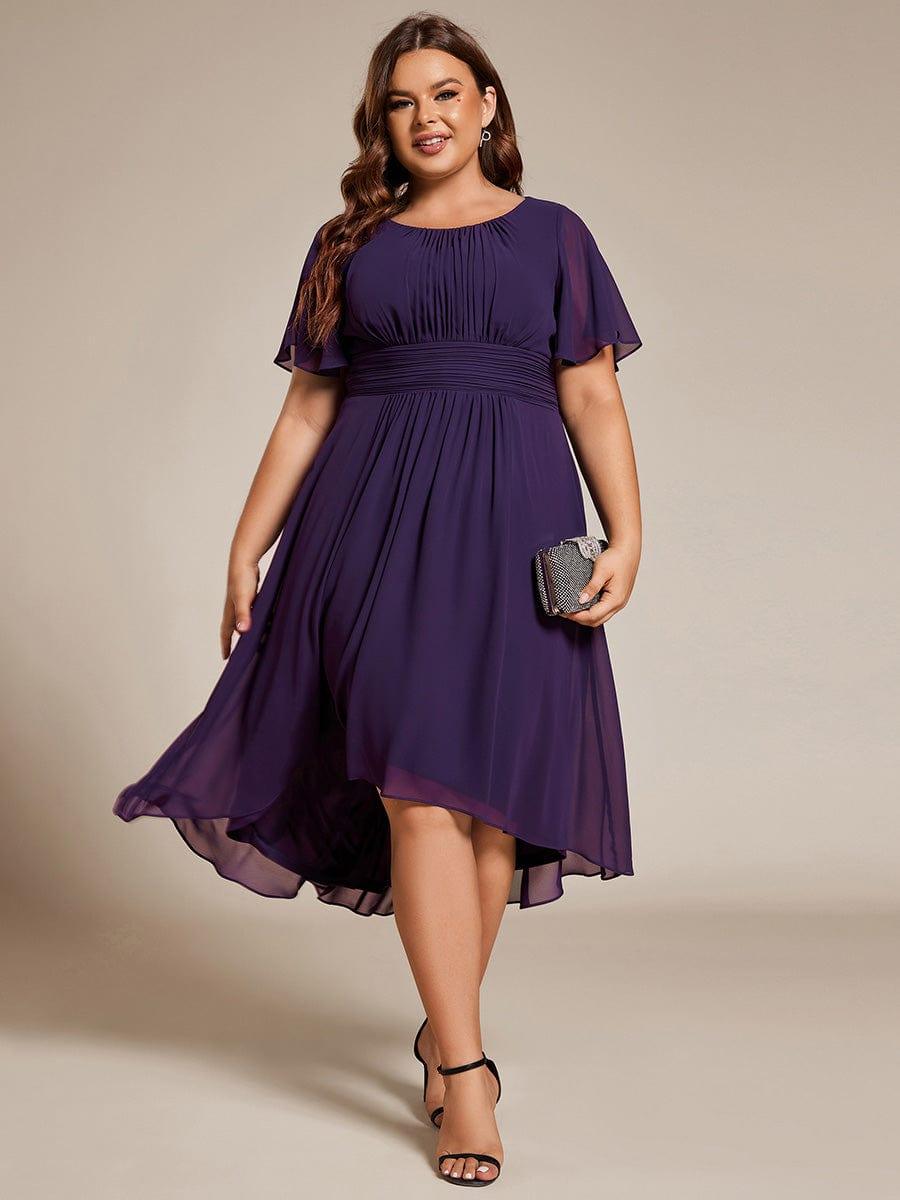 pretty EDEN|Plus Size Pleated Round Neckline A-Line Midi Chiffon Wedding Guest Dress