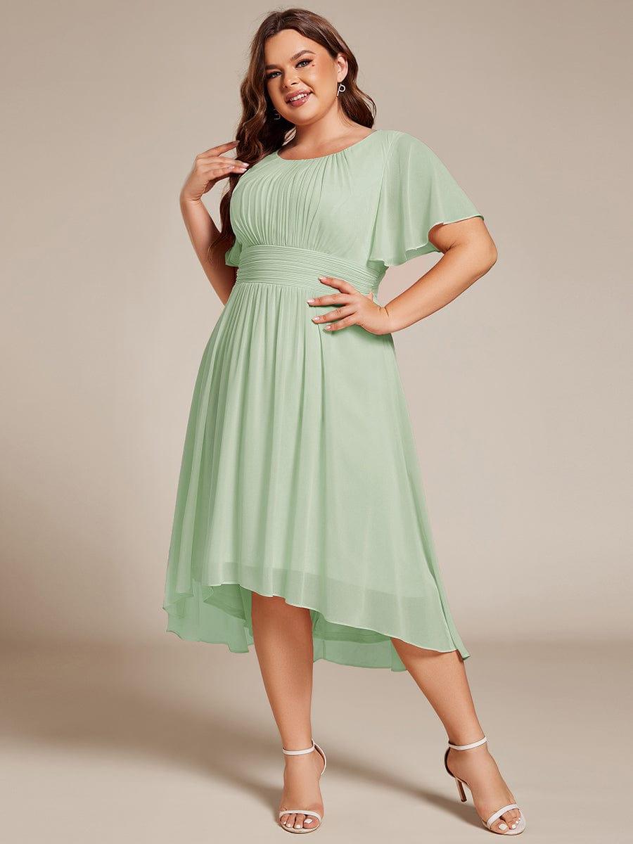 pretty EDEN|Plus Size Pleated Round Neckline A-Line Midi Chiffon Wedding Guest Dress