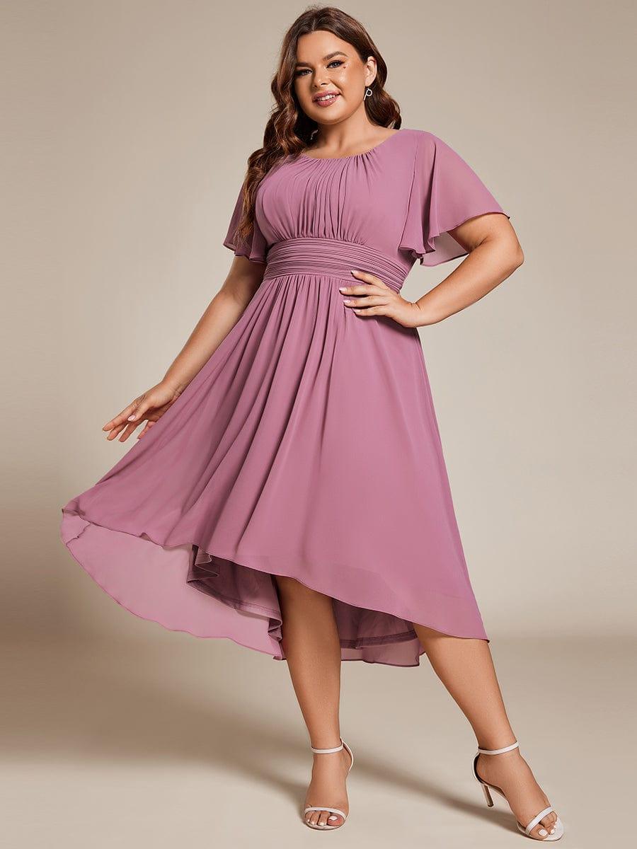 pretty EDEN|Plus Size Pleated Round Neckline A-Line Midi Chiffon Wedding Guest Dress