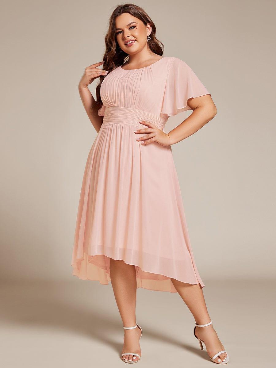 pretty EDEN|Plus Size Pleated Round Neckline A-Line Midi Chiffon Wedding Guest Dress