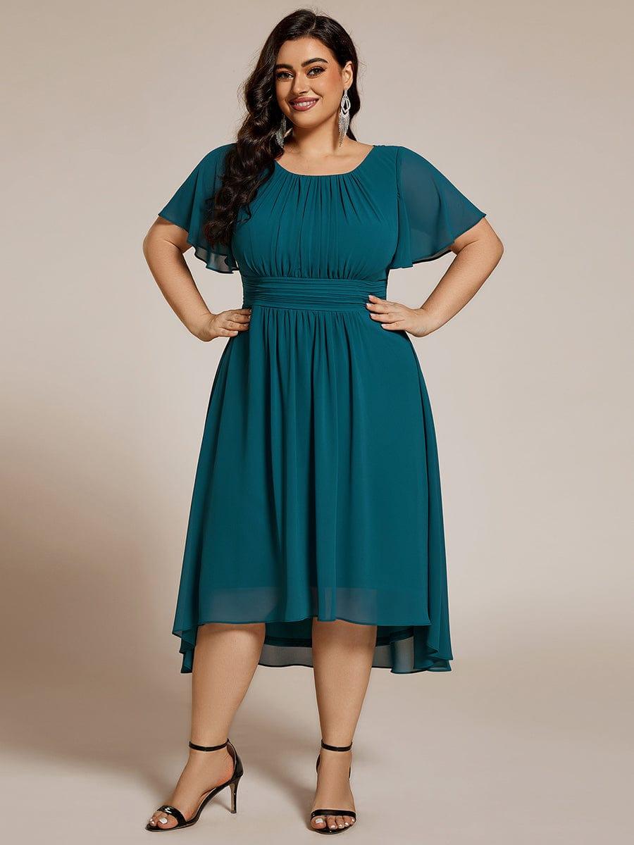 pretty EDEN|Plus Size Pleated Round Neckline A-Line Midi Chiffon Wedding Guest Dress