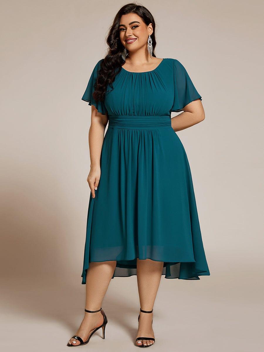 pretty EDEN|Plus Size Pleated Round Neckline A-Line Midi Chiffon Wedding Guest Dress