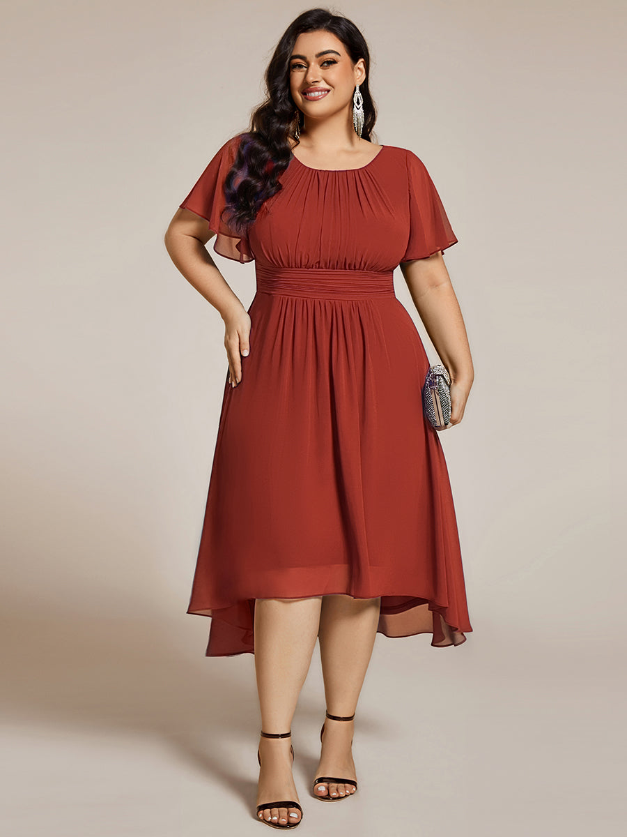 pretty EDEN|Plus Size Pleated Round Neckline A-Line Midi Chiffon Wedding Guest Dress