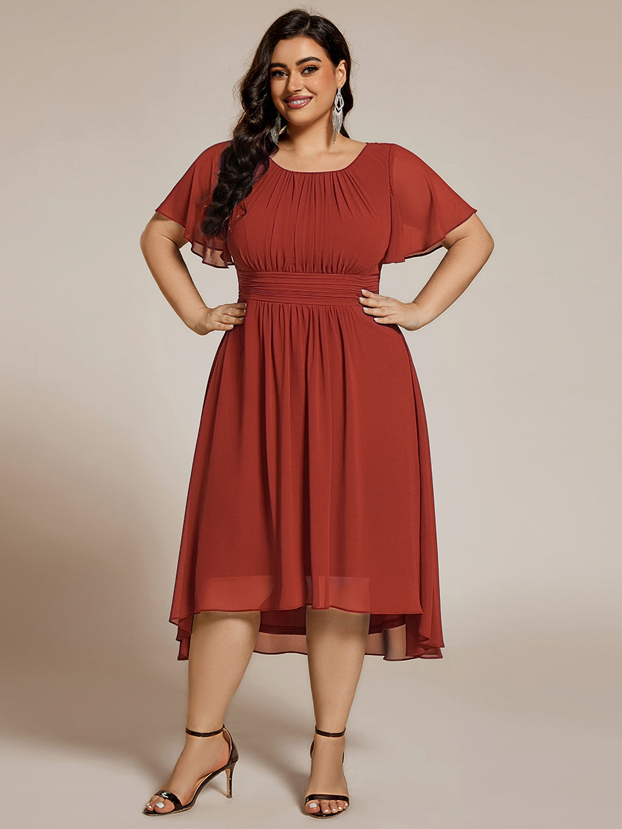 pretty EDEN|Plus Size Pleated Round Neckline A-Line Midi Chiffon Wedding Guest Dress