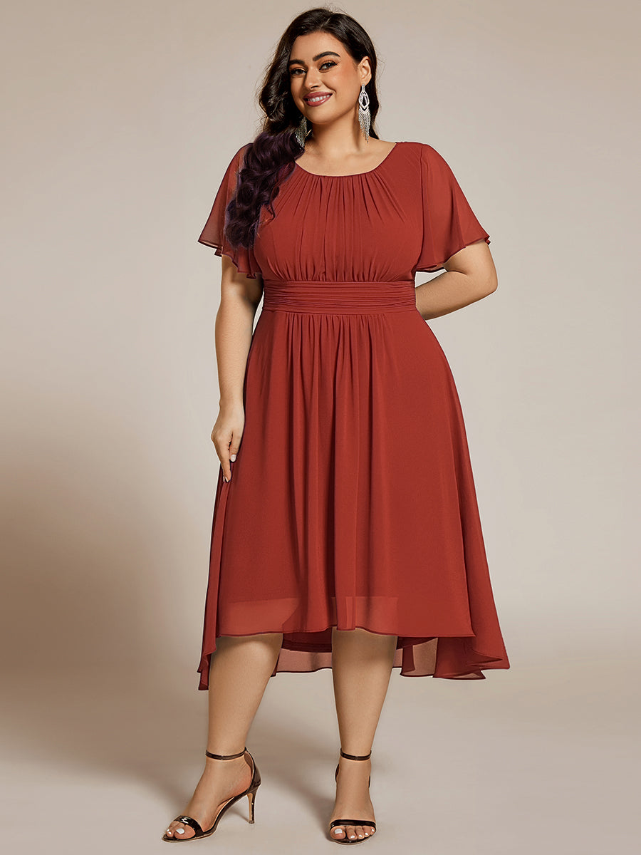 pretty EDEN|Plus Size Pleated Round Neckline A-Line Midi Chiffon Wedding Guest Dress