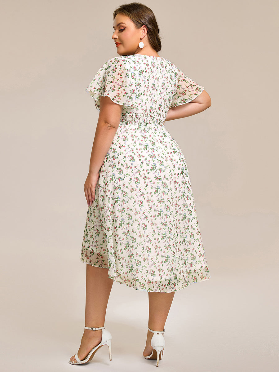 pretty EDEN|Plus Size Pleated Round Neckline A-Line Midi Chiffon Wedding Guest Dress