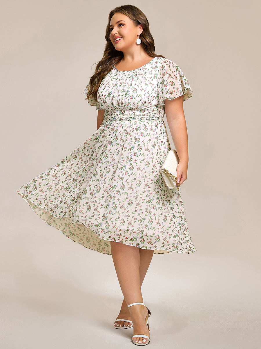 pretty EDEN|Plus Size Pleated Round Neckline A-Line Midi Chiffon Wedding Guest Dress