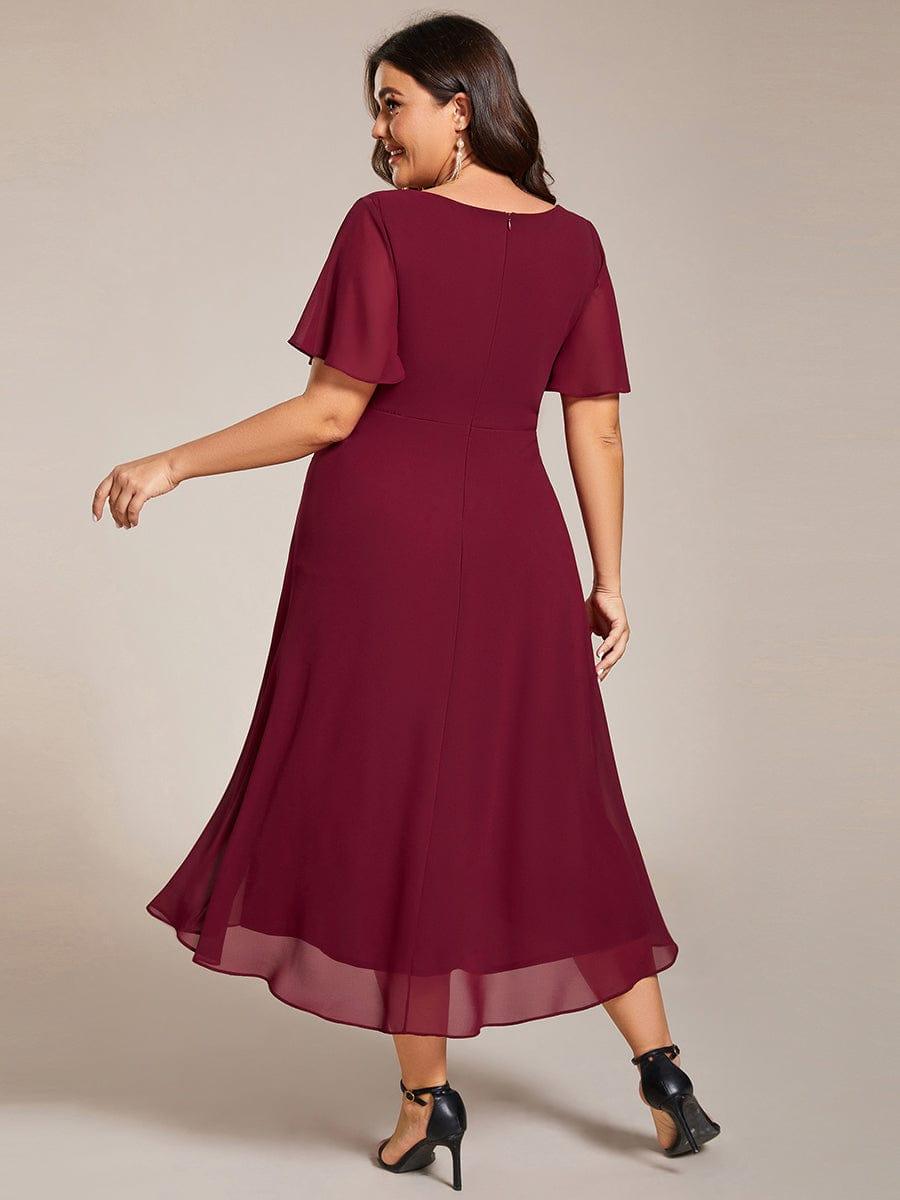 pretty LARK|Plus Size Chiffon Short Sleeves Pleated V-Neck A-Line Midi Wedding Guest Dress