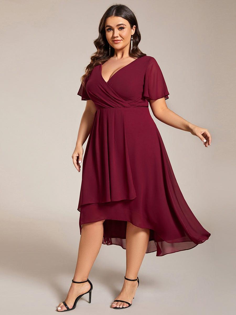 pretty LARK|Plus Size Chiffon Short Sleeves Pleated V-Neck A-Line Midi Wedding Guest Dress