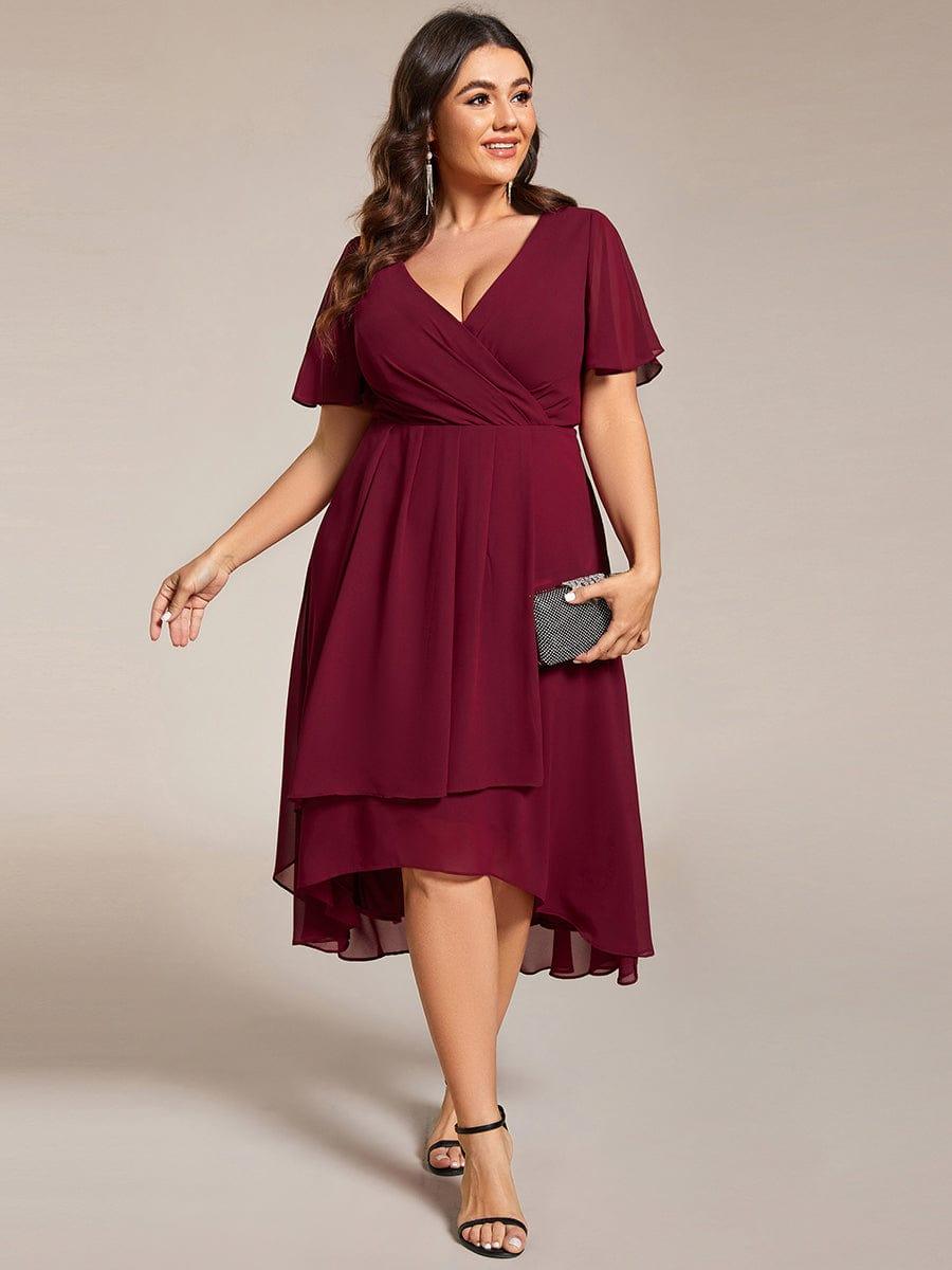 pretty LARK|Plus Size Chiffon Short Sleeves Pleated V-Neck A-Line Midi Wedding Guest Dress