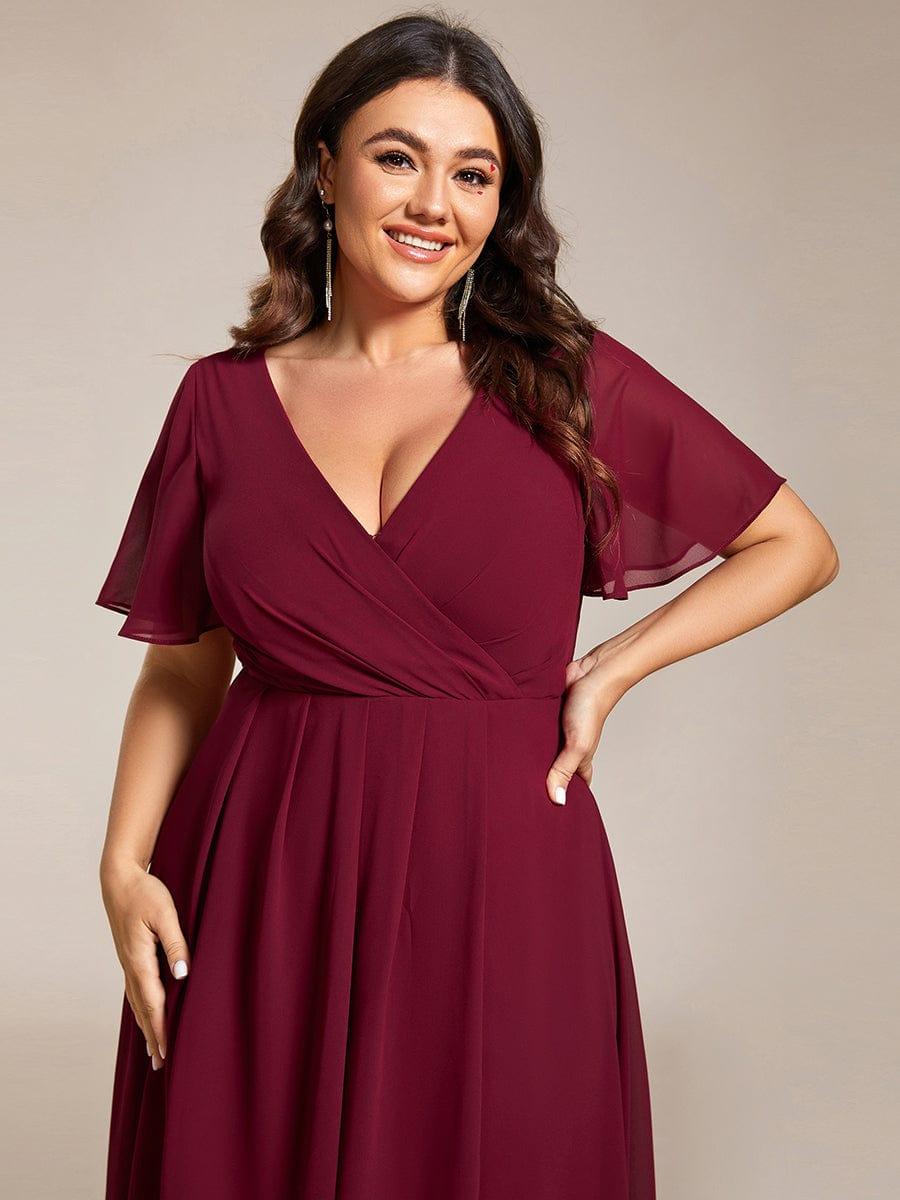 pretty LARK|Plus Size Chiffon Short Sleeves Pleated V-Neck A-Line Midi Wedding Guest Dress