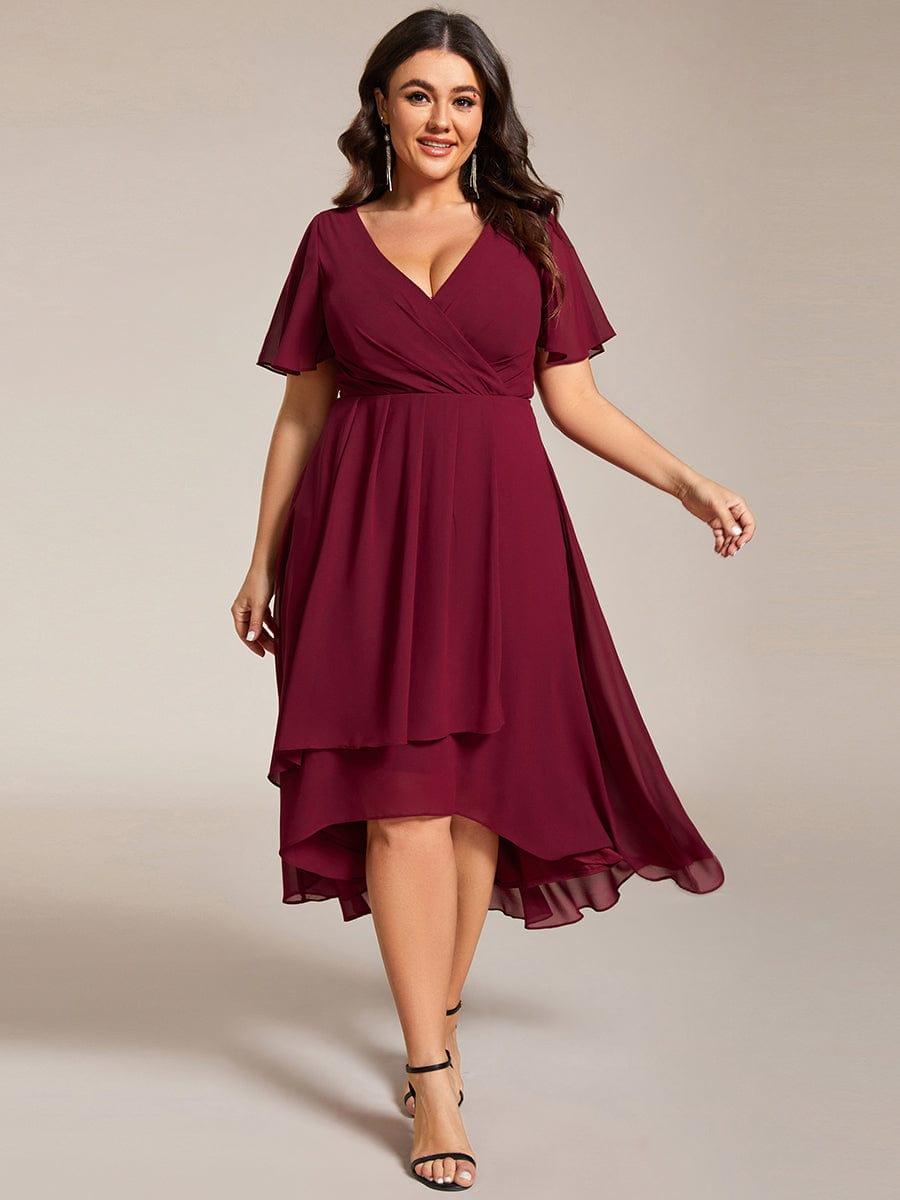 pretty LARK|Plus Size Chiffon Short Sleeves Pleated V-Neck A-Line Midi Wedding Guest Dress