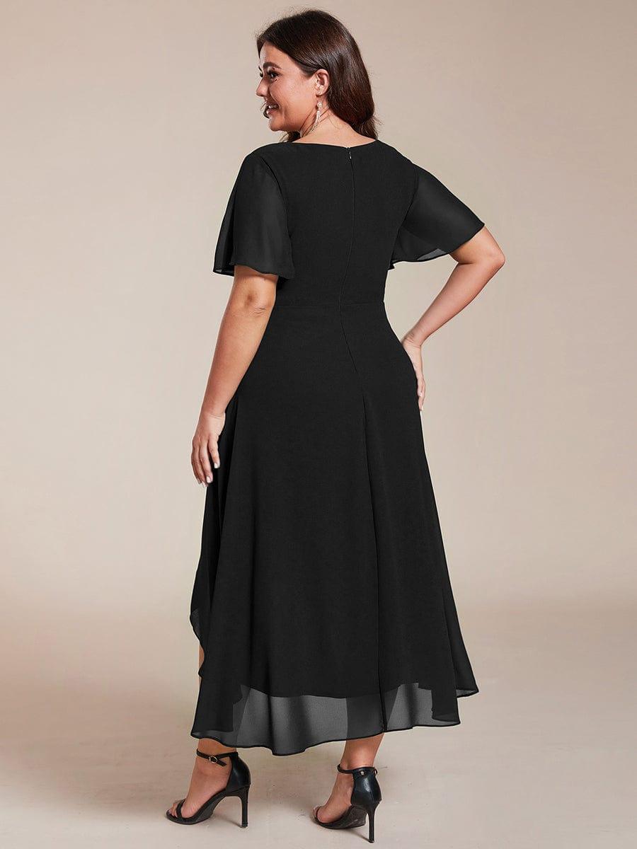 pretty LARK|Plus Size Chiffon Short Sleeves Pleated V-Neck A-Line Midi Wedding Guest Dress