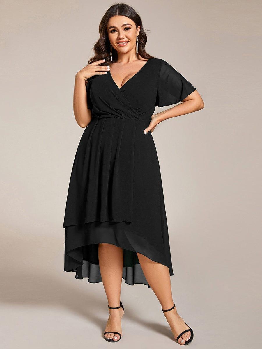 pretty LARK|Plus Size Chiffon Short Sleeves Pleated V-Neck A-Line Midi Wedding Guest Dress