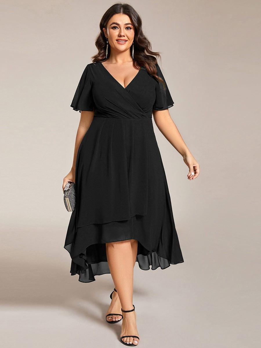 pretty LARK|Plus Size Chiffon Short Sleeves Pleated V-Neck A-Line Midi Wedding Guest Dress