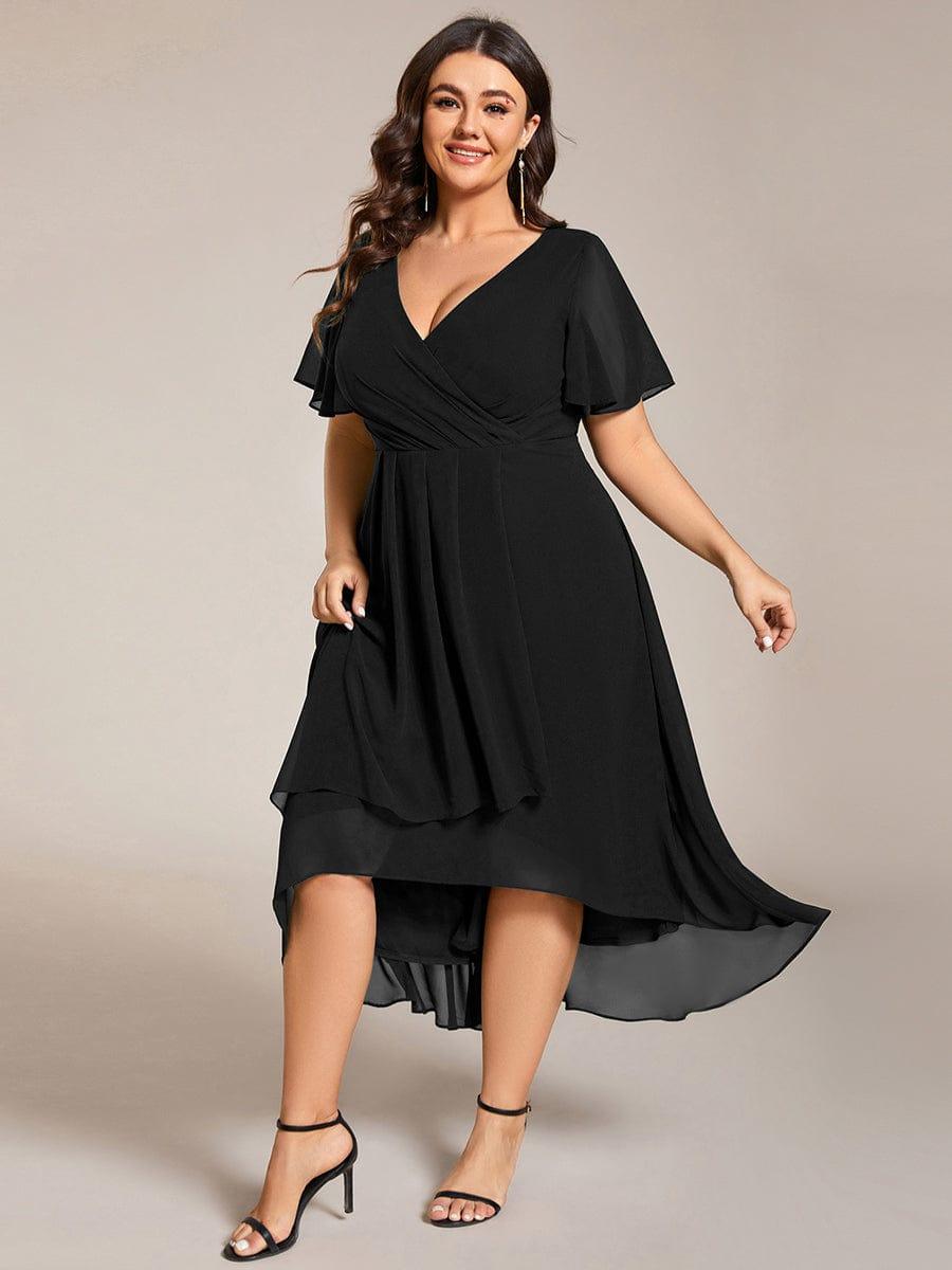 pretty LARK|Plus Size Chiffon Short Sleeves Pleated V-Neck A-Line Midi Wedding Guest Dress