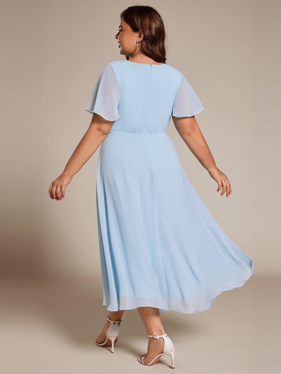 pretty LARK|Plus Size Chiffon Short Sleeves Pleated V-Neck A-Line Midi Wedding Guest Dress