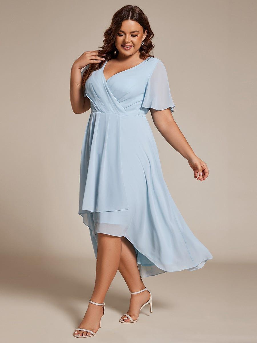 pretty LARK|Plus Size Chiffon Short Sleeves Pleated V-Neck A-Line Midi Wedding Guest Dress