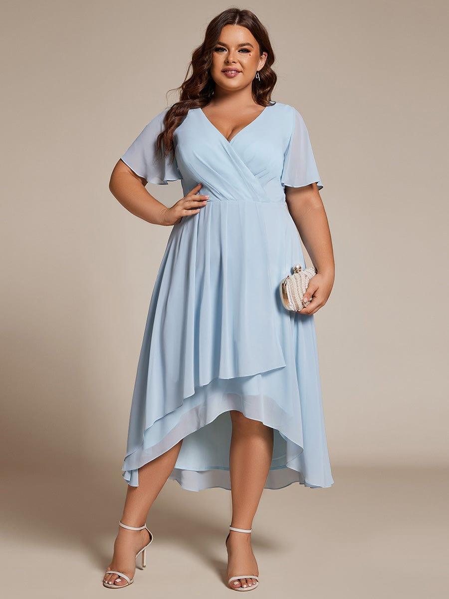 pretty LARK|Plus Size Chiffon Short Sleeves Pleated V-Neck A-Line Midi Wedding Guest Dress