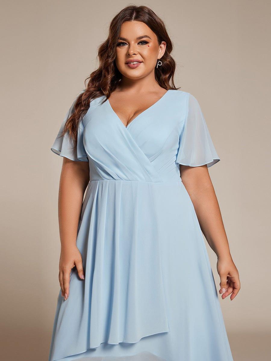 pretty LARK|Plus Size Chiffon Short Sleeves Pleated V-Neck A-Line Midi Wedding Guest Dress